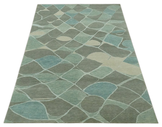 Contemporary Geometrical Pattern Hand knotted Charcoal, Green, Ivory and Blue 5x8 ft Bedroom, Living Room Rug Wool Area Rug