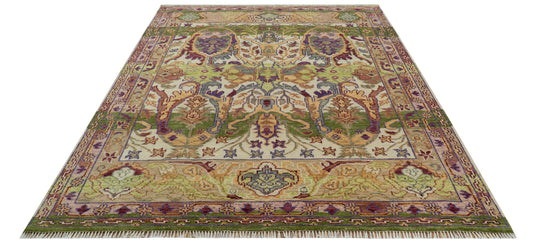 Custom Made Transition Hand Knotted Green, Gold And Ivory Wool Area Rug