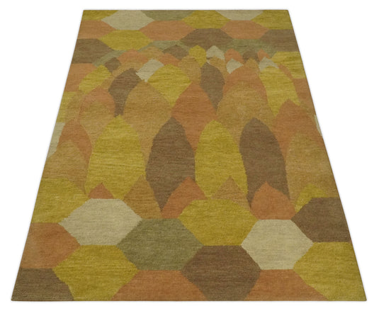 Modern Floral and Geometrical Pattern Hand knotted Yellow, Brown, orange and Ivory 4x6 ft Bedroom, Living Room Rug Wool Area Rug