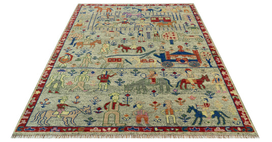 Folk Art Green, Beige, Blue And Rust Hand Knotted 8x10 ft Wool Rug Ideal for Living, Bedroom And Dining Rooms
