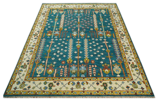 Teal and Ivory, Tree of Life Vintage Hand Knotted, Antique Turkish 5x8, 6x9, 8x10, 9x12, 10x14, 12x15 Wool Rug, Living Room | CP697S