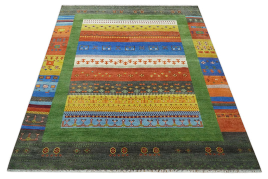 Green, Rust and Multicolored Hand knotted 8x10 Tribal Gabbeh Traditional Wool Area Rug