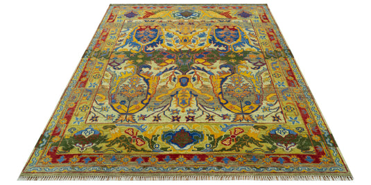 Transitional Gold, Green And Blue Hand Knotted 8x10 ft Wool Rug Ideal for Living, Bedroom And Dining Rooms