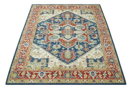 Traditional Pattern Blue, Ivory, Red and Beige Hand Knotted 8x10 ft wool Area Rug