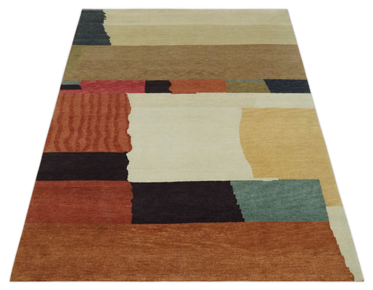 Modern Geometrical Pattern Hand Knotted Brown and Charcoal 5x6 ft Bedroom, Living Room Rug Wool Area Rug