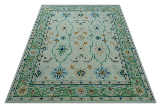 Custom Made Ivory, Green And Blue Floral Motifs Hand Tufted Wool Area Rug