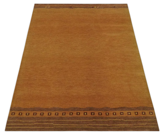 Modern Geometrical Pattern Hand Knotted Rust and Brown 4x6 ft Bedroom, Living Room Rug Wool Area Rug
