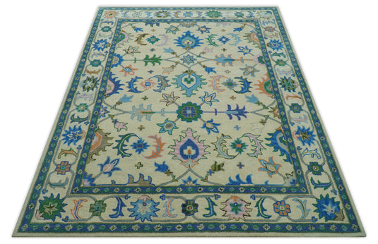 Custom Made Beige And Blue Traditional Floral Motifs Hand Tufted Wool Area Rug