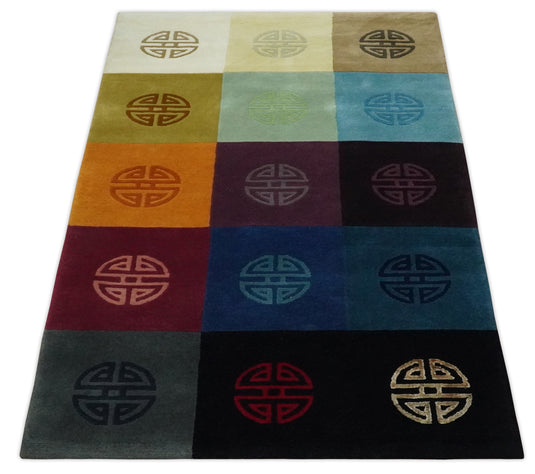 Modern Geometrical Pattern Handloom Multi Color 3x5 ft Bedroom, Living Room Rug Wool and Art Silk Area Rug AAOC2635
