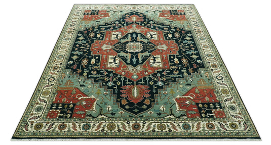 Hand Knotted Traditional Heriz Brown, Black, Blue And Ivory Serapi Wool Rug 9X12 ft Ideal for Living, Bedroom And Dining Rooms | CP2441912