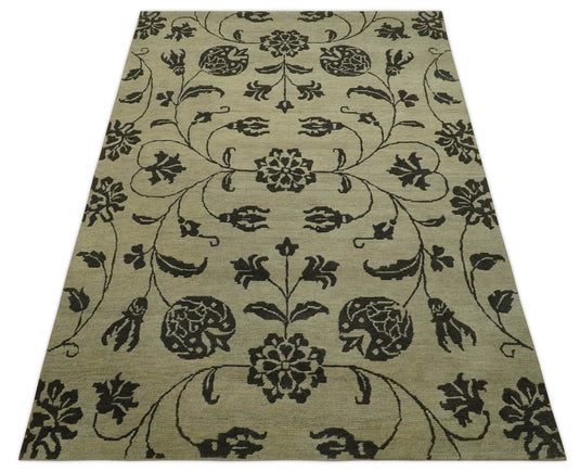 Floral Design Hand Knotted Ivory and Charcoal Color 4x6 ft Bedroom, Living Room Rug Wool and Art Silk Area Rug