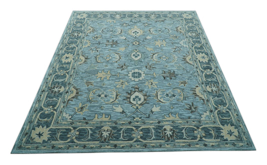 Traditional Floral Aqua, Gray and Beige Hand Tufted 8x10 ft Bedroom, Living Room Rug Wool Area Rug