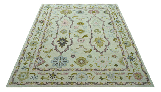 Custom Made Traditional Floral Oushak Cream, Olive And Peach Hand Tufted Wool Area Rug