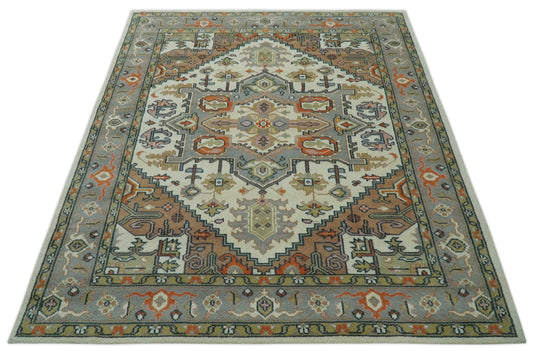Traditional Medallion Pattern Ivory, Brown, Gray and Olive Hand Knotted 8x10 ft wool Area Rug