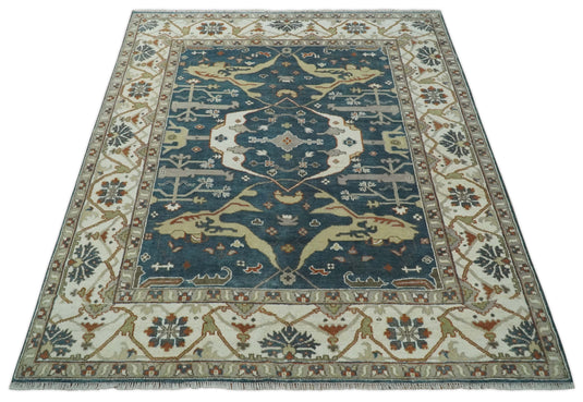 Traditional Oriental Oushak Hand knotted Dark Blue and Beige 8x10 ft Bedroom, Living Room Rug ,wool Area Rug