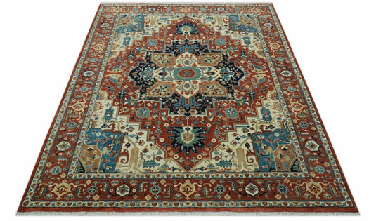 Hand Knotted Rust, Ivory And Teal Traditional Heriz Wool Rug 8x10 ft Ideal for Living, Bedroom And Dining Rooms
