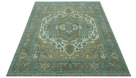 Custom Made Traditional Heriz Beige, Blue And Ivory Hand Knotted Wool Rug Wool Area Rug