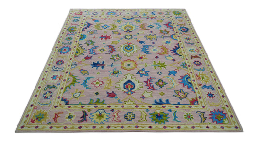 Light Pink, Blue And Ivory Traditional Oushak Hand Tufted 8x10 ft Bedroom, Living Room Rug Wool Area Rug