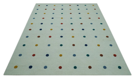 Modern Dots White, Blue, Yellow And Rust Hand Tufted 8x10 ft Bedroom, Living Room Rug Wool Area Rug