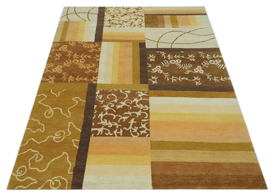 Modern Geometrical Floral pattern Hand Knotted Brown, Beige, Ivory and Olive 6x8 ft Bedroom, Living Room Rug Wool Area Rug