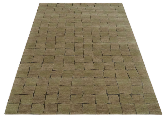 Modern geometrical Hand Knotted Brown, Olive and Charcoal 5x8 ft Bedroom, Living Room Rug Wool and Art Silk Area Rug