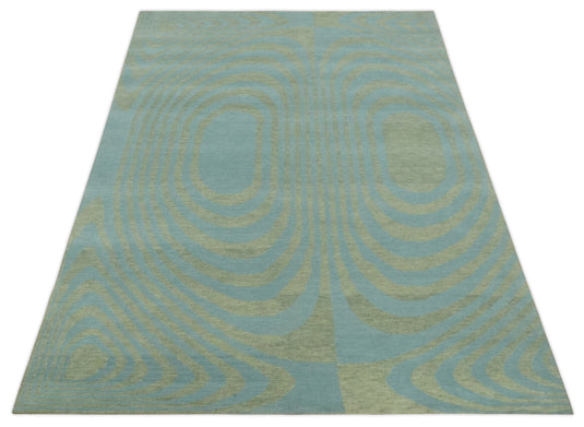 Modern geometrical Hand Knotted Olive and Blue 5x8 ft Bedroom, Living Room Rug Wool Area Rug