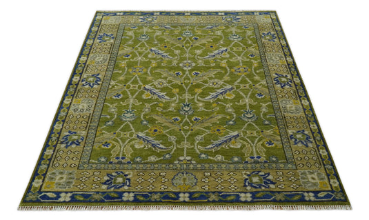 Custom Made Green And Blue Hand Knotted Traditional Floral Wool Area Rug