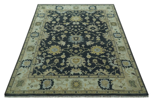 Custom Made Traditional Oushak Charcoal, Sage Green And Ivory Hand Knotted Wool Area Rug