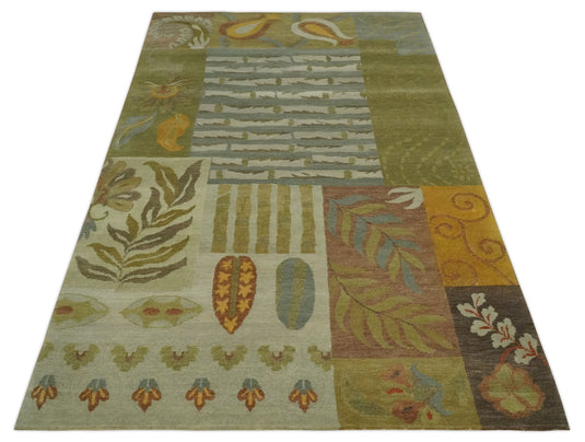 Floral Geometrical Hand Knotted Olive, Ivory, Brown and Teal 5x8 ft Bedroom, Living Room Rug Wool Area Rug