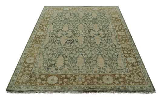 Custom Made Antique Traditional Hand Knotted Green, Brown And Beige Wool Area Rug