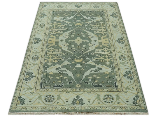 Hand Knotted Oriental Oushak Sage Green, Ivory And Beige Rug 6x9 ft Ideal for Living, Bedroom And Dining Rooms | CP38181