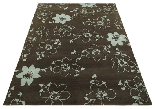 Floral Handloom Brown and Ivory 5.9x7.8 ft Bedroom, Living Room Rug Wool Area Rug