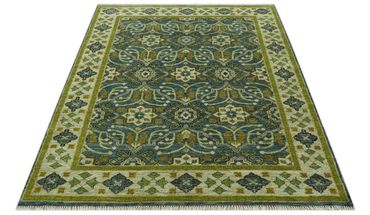 Custom Made Traditional Motifs Blue And Olive Hand Knotted Wool Area Rug