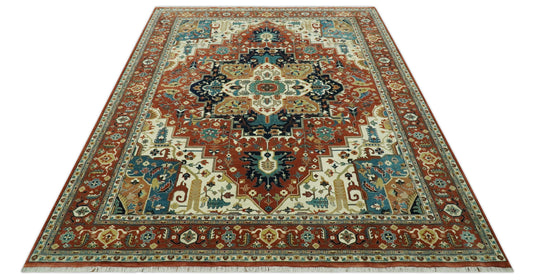Hand Knotted Traditional Herati Maroon, Cream, Teal And Beige Wool Rug 9X12 ft Ideal for Living, Bedroom And Dining Rooms | CP2447912