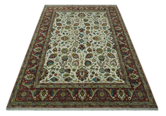 Antique Ivory, Brown, Olive And Blue Traditional Floral Hand Knotted Wool Rug 9x12 ft Ideal for Living, Bedroom And Dining Rooms | CP1788912