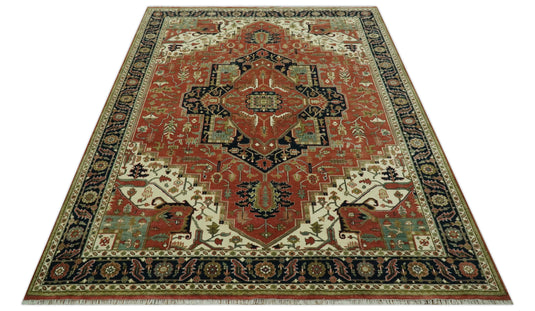 Hand Knotted Rust, Cream, And Black Heriz Serapi Wool Rug 9X12 ft Ideal for Living, Bedroom And Dining Rooms | CP2445912