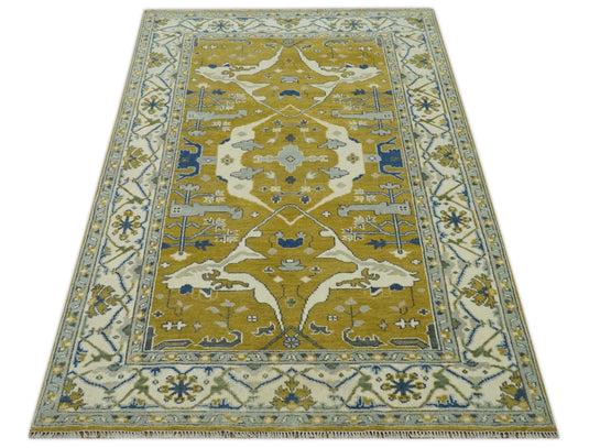 Hand Knotted Turkish Oushak Gold, Blue, Ivory And Gray Wool Rug 6x9 ft Ideal for Living, Bedroom And Dining Rooms | CP240769