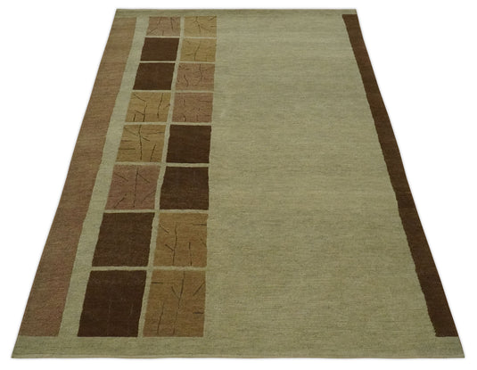 Modern Geometrical Hand knotted Olive, Brown and Beige 4x6 ft Bedroom, Living Room Rug Wool Area Rug