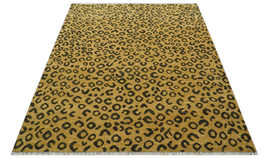Golden-Brown And Charcoal Modern Leopard Hand Knotted Wool Rug 8x10 ft Ideal for Living, Bedroom And Dining Rooms