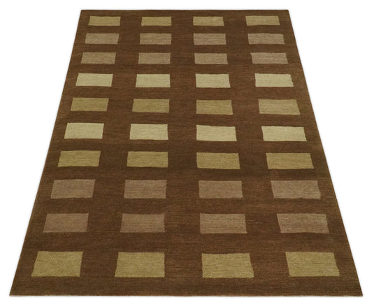 Modern Geometrical Pattern Hand Knotted Brown, Beige and Ivory 4x6 ft Bedroom, Living Room Rug Wool and Art Silk Area Rug