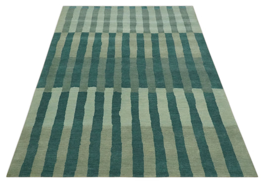 Modern Geometrical Pattern Hand Knotted Teal, Gray and Ivory 5x8 ft Bedroom, Living Room Rug Wool Area Rug