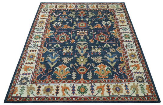 Traditional Pattern Blue, Rust and Ivory Hand Knotted 8x10 ft wool Area Rug