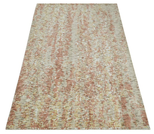 Modern Abstract Peach, Ivory, Gold and Beige Handloom 5x8 ft Bedroom, Living Room Rug Wool And Viscose Area Rug