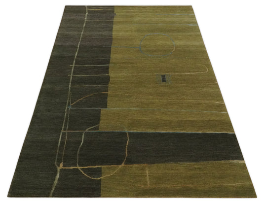 Modern Geometrical Hand Knotted Olive and Charcoal 5x8 ft Bedroom, Living Room Rug Wool and Viscose Area Rug