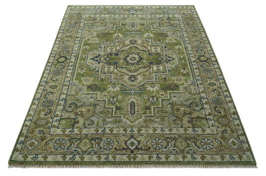 Custom Made Traditional Hand Knotted Green, Silver And Charcoal Wool Area Rug