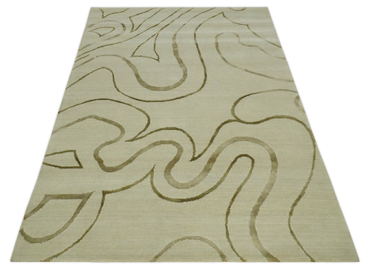 Swirl Pattern Hand Knotted Beige and Olive 5x8 ft Bedroom, Living Room Rug Wool and Art Silk Area Rug