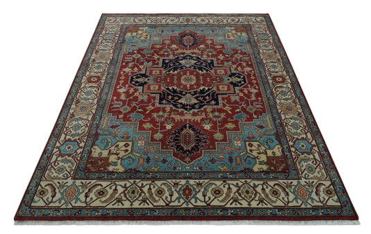 Hand Knotted Aqua, Ivory And Rust Traditional Wool Rug 9x12 ft Ideal for Living, Bedroom And Dining Rooms | CP2472912
