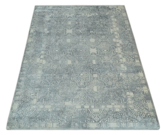 Traditional Gray And Ivory Handloom 5.5x8 ft Bedroom, Living Room Rug Wool And Viscose Area Rug