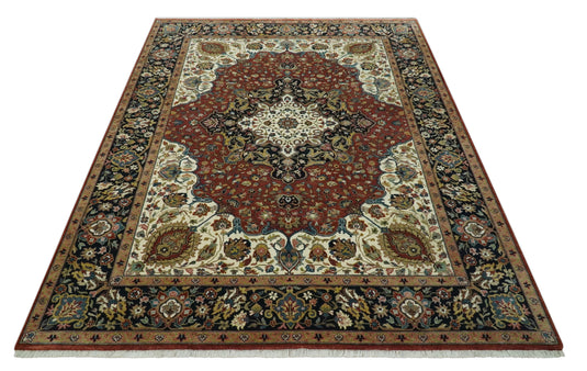 Ivory, Maroon And Black Traditional Serapi Hand Knotted Wool Rug 9x12 ft Ideal for Living, Bedroom And Dining Rooms | CP1829912