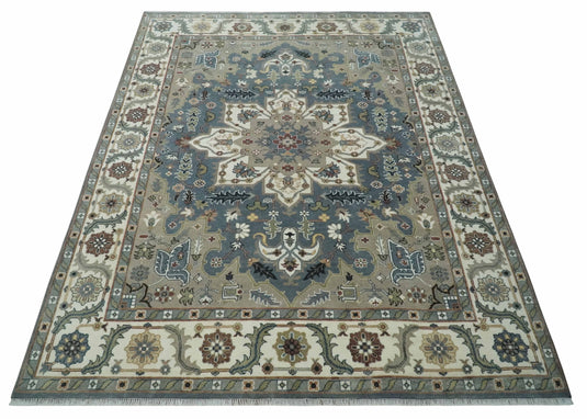 Vintage look Ivory, Charcoal and Olive Hand knotted Traditional 9x12 Heriz Serapi wool Area Rug